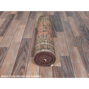 2'1"x8'9" Apricot Color Shades Vintage Persian Bibikabad with All Over Design, Hand Knotted, Pure Wool, Distressed Look, Cropped Thin Narrow Runner Oriental Rug FWR489918