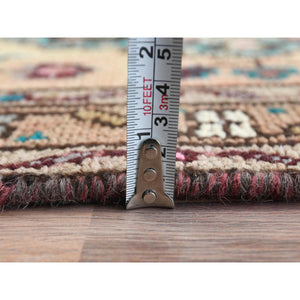 2'1"x8'9" Apricot Color Shades Vintage Persian Bibikabad with All Over Design, Hand Knotted, Pure Wool, Distressed Look, Cropped Thin Narrow Runner Oriental Rug FWR489918