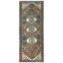 Load image into Gallery viewer, 4&#39;x10&#39; Mocha Brown with a Mix of Red Vintage Persian Heriz, Hand Knotted, Abrash, Distressed Look, Cropped Thin, Pure Wool Wide Runner Oriental Rug FWR489954
