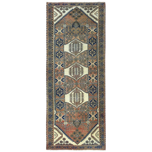 4'x10' Mocha Brown with a Mix of Red Vintage Persian Heriz, Hand Knotted, Abrash, Distressed Look, Cropped Thin, Pure Wool Wide Runner Oriental Rug FWR489954