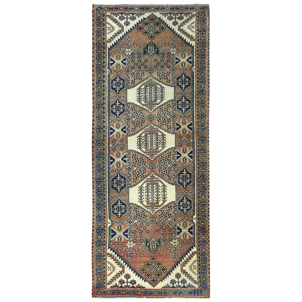 4'x10' Mocha Brown with a Mix of Red Vintage Persian Heriz, Hand Knotted, Abrash, Distressed Look, Cropped Thin, Pure Wool Wide Runner Oriental Rug FWR489954