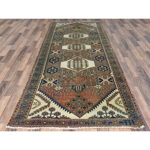 4'x10' Mocha Brown with a Mix of Red Vintage Persian Heriz, Hand Knotted, Abrash, Distressed Look, Cropped Thin, Pure Wool Wide Runner Oriental Rug FWR489954