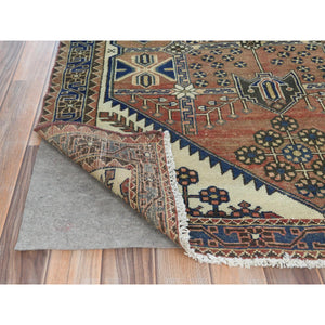 4'x10' Mocha Brown with a Mix of Red Vintage Persian Heriz, Hand Knotted, Abrash, Distressed Look, Cropped Thin, Pure Wool Wide Runner Oriental Rug FWR489954