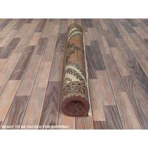 4'x10' Mocha Brown with a Mix of Red Vintage Persian Heriz, Hand Knotted, Abrash, Distressed Look, Cropped Thin, Pure Wool Wide Runner Oriental Rug FWR489954