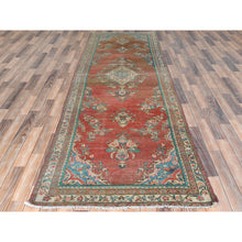 Load image into Gallery viewer, 3&#39;9&quot;x12&#39;3&quot; Tomato Red with Sunset Colors, Hand Knotted Vintage Persian Bibikabad, Abrash, Pure Wool, Cropped Thin, Distressed Look Wide Runner Oriental Rug FWR489978