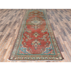 3'9"x12'3" Tomato Red with Sunset Colors, Hand Knotted Vintage Persian Bibikabad, Abrash, Pure Wool, Cropped Thin, Distressed Look Wide Runner Oriental Rug FWR489978