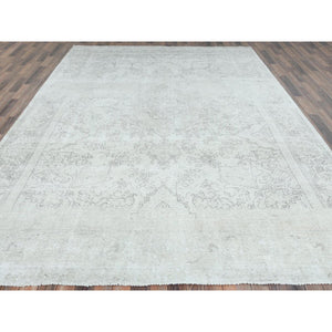 9'3"x13' Ivory, Vintage Persian Tabriz Cropped Thin Distressed Look, Shabby Chic Worn Wool Hand Knotted, Oriental Rug FWR490128