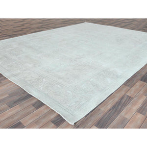 9'5"x12'6" Ivory, Shabby Chic Worn Wool Hand Knotted, Vintage Persian Tabriz Sheared Low Distressed Look, Oriental Rug FWR490146