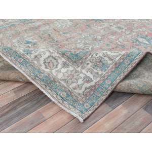 7'x10'8" Light Red, Vintage Persian Tabriz Sheared Low Distressed Look, Shabby Chic Worn Wool Hand Knotted, Oriental Rug FWR490170