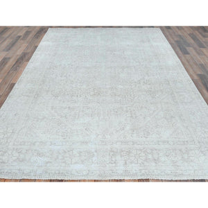 6'4"x9'4" Ivory, Hand Knotted Vintage Persian Tabriz Cropped Thin, Distressed Look Shabby Chic Worn Wool, Oriental Rug FWR490176