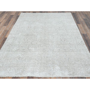 4'8"x6'2" Ivory, Hand Knotted Vintage Persian Tabriz Cropped Thin, Distressed Look Shabby Chic Worn Wool, Oriental Rug FWR490284