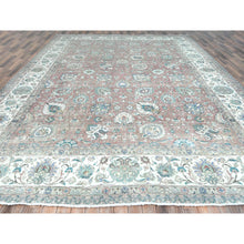 Load image into Gallery viewer, 11&#39;1&quot;x14&#39;7&quot; Faded Red Vintage Persian Tabriz with All Over Design, Worn Wool, Distressed Look, Sheared Low, Shabby Chic, Hand Knotted Oversized Oriental Rug FWR490452