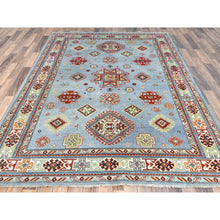 Load image into Gallery viewer, 6&#39;1&quot;x8&#39;9&quot; Light Blue Special Kazak with Geometric Medallion Design, Organic Wool, Hand Knotted, Natural Dyes Oriental Rug FWR490524