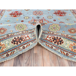 6'1"x8'9" Light Blue Special Kazak with Geometric Medallion Design, Organic Wool, Hand Knotted, Natural Dyes Oriental Rug FWR490524