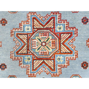 6'1"x8'9" Light Blue Special Kazak with Geometric Medallion Design, Organic Wool, Hand Knotted, Natural Dyes Oriental Rug FWR490524