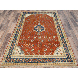 3'10"x6' Cinnamon Red, Hand Knotted, Special Kazak with Medallion Design, Organic Wool, Natural Dyes Oriental Rug FWR490596