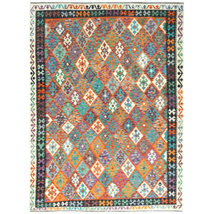 8'2"x11' Colorful, Veggie Dyes Pure Wool Hand Woven, Afghan Kilim with Geometric Elements Flat Weave, Reversible Oriental Rug FWR490854