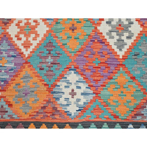 8'2"x11' Colorful, Veggie Dyes Pure Wool Hand Woven, Afghan Kilim with Geometric Elements Flat Weave, Reversible Oriental Rug FWR490854