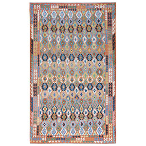 9'10"x16'1" Colorful, Veggie Dyes Shiny Wool Hand Woven, Afghan Kilim with Geometric Pattern Flat Weave, Reversible Oversized Oriental Rug FWR490938