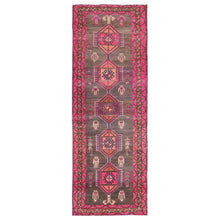 Load image into Gallery viewer, 3&#39;7&quot;x10&#39;1&quot; Mocha Brown with Pink, Vintage Persian Heriz, Geometric Medallions, Hand Knotted Pure Wool, Bohemian, Clean, Worn Down, Wide Runner Oriental Rug FWR491082