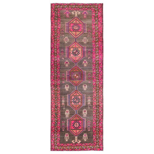 3'7"x10'1" Mocha Brown with Pink, Vintage Persian Heriz, Geometric Medallions, Hand Knotted Pure Wool, Bohemian, Clean, Worn Down, Wide Runner Oriental Rug FWR491082