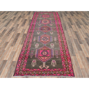 3'7"x10'1" Mocha Brown with Pink, Vintage Persian Heriz, Geometric Medallions, Hand Knotted Pure Wool, Bohemian, Clean, Worn Down, Wide Runner Oriental Rug FWR491082