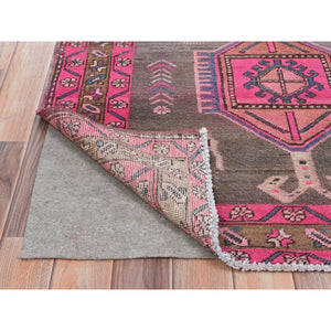 3'7"x10'1" Mocha Brown with Pink, Vintage Persian Heriz, Geometric Medallions, Hand Knotted Pure Wool, Bohemian, Clean, Worn Down, Wide Runner Oriental Rug FWR491082