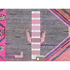 3'7"x10'1" Mocha Brown with Pink, Vintage Persian Heriz, Geometric Medallions, Hand Knotted Pure Wool, Bohemian, Clean, Worn Down, Wide Runner Oriental Rug FWR491082