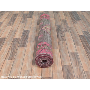 3'7"x10'1" Mocha Brown with Pink, Vintage Persian Heriz, Geometric Medallions, Hand Knotted Pure Wool, Bohemian, Clean, Worn Down, Wide Runner Oriental Rug FWR491082