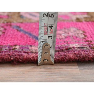 3'7"x10'1" Mocha Brown with Pink, Vintage Persian Heriz, Geometric Medallions, Hand Knotted Pure Wool, Bohemian, Clean, Worn Down, Wide Runner Oriental Rug FWR491082