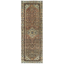 Load image into Gallery viewer, 3&#39;4&quot;x10&#39; Almond Brown, Vintage Persian Hamadan with Geometric Medallion, Pure Wool Hand Knotted, Clean, Cropped Thin, Wide Runner Oriental Rug FWR491106
