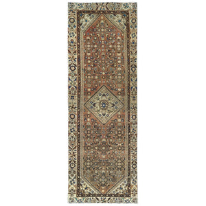 3'4"x10' Almond Brown, Vintage Persian Hamadan with Geometric Medallion, Pure Wool Hand Knotted, Clean, Cropped Thin, Wide Runner Oriental Rug FWR491106