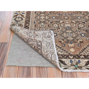 3'4"x10' Almond Brown, Vintage Persian Hamadan with Geometric Medallion, Pure Wool Hand Knotted, Clean, Cropped Thin, Wide Runner Oriental Rug FWR491106