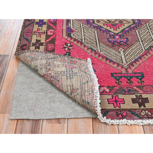 3'7"x9'5" Hot Pink with Touches of Purple Vintage Persian Serab, Bohemian, Hand Knotted Pure Wool, Clean, Worn Down Wide Runner Oriental Rug FWR491136