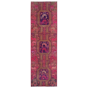 2'9"x9'2" Hazelnut Brown with Pink & Purple, Northwest Persian, Peacock Design, Clean, Worn Down, Hand Knotted, Pure Wool, Runner Oriental Rug FWR491154