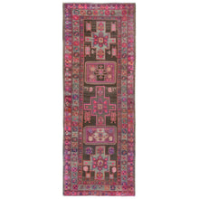 Load image into Gallery viewer, 4&#39;3&quot;x11&#39;5&quot; Chocolate Brown with Batches of Pink, Bohemian Vintage Northwest Persian, Abrash, Clean, Sheared Low, Hand Knotted Pure Wool Wide Runner Oriental Rug FWR491172