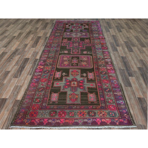 4'3"x11'5" Chocolate Brown with Batches of Pink, Bohemian Vintage Northwest Persian, Abrash, Clean, Sheared Low, Hand Knotted Pure Wool Wide Runner Oriental Rug FWR491172