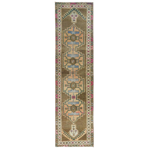 3'3"x12'10" Hazelnut Brown Vintage Northwest Persian with Serrated Medallions, Distressed, Hand Knotted Pure Wool, Professionally Cleaned, Wide Runner Oriental Rug FWR491208