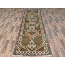 Load image into Gallery viewer, 3&#39;3&quot;x12&#39;10&quot; Hazelnut Brown Vintage Northwest Persian with Serrated Medallions, Distressed, Hand Knotted Pure Wool, Professionally Cleaned, Wide Runner Oriental Rug FWR491208