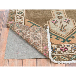 3'3"x12'10" Hazelnut Brown Vintage Northwest Persian with Serrated Medallions, Distressed, Hand Knotted Pure Wool, Professionally Cleaned, Wide Runner Oriental Rug FWR491208