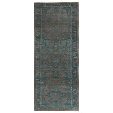 Load image into Gallery viewer, 3&#39;8&quot;x9&#39;3&quot; Brown Overdyed with Touches of Blue, Vintage Persian Bibikabad, Sheared Low, Clean, Pure Wool, Hand Knotted Wide Runner Oriental Rug FWR491232