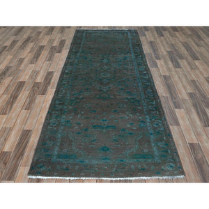 3'8"x9'3" Brown Overdyed with Touches of Blue, Vintage Persian Bibikabad, Sheared Low, Clean, Pure Wool, Hand Knotted Wide Runner Oriental Rug FWR491232