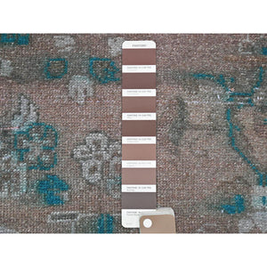 3'8"x9'3" Brown Overdyed with Touches of Blue, Vintage Persian Bibikabad, Sheared Low, Clean, Pure Wool, Hand Knotted Wide Runner Oriental Rug FWR491232