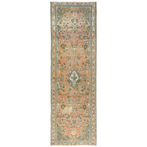 3'5"x11'6" Light Coral with Touches of Brown, Vintage Persian Bibikabad, Hand Knotted Pure Wool, Clean, Sheared Low Wide Runner Oriental Rug FWR491256