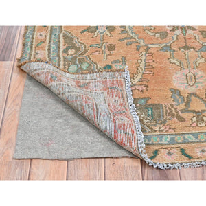 3'5"x11'6" Light Coral with Touches of Brown, Vintage Persian Bibikabad, Hand Knotted Pure Wool, Clean, Sheared Low Wide Runner Oriental Rug FWR491256