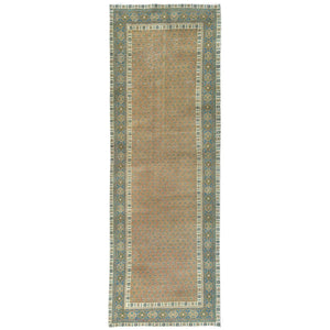 3'6"x9'10" Honey Brown, Bohemian Vintage Persian Serab with Small Repetitive Tree Design, Sheared Low, Hand Knotted Pure Wool, Clean, Wide Runner Oriental Rug FWR491286