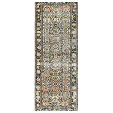 Load image into Gallery viewer, 3&#39;5&quot;x9&#39;2&quot; Beige, Hand Knotted, Vintage Persian Hamadan with Fish Mahi Herat All Over Design, Clean, Distinct Abrash, Worn Down, Pure Wool Wide Runner Oriental Rug FWR491298