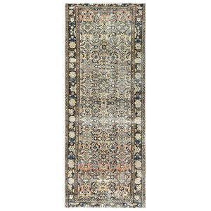 3'5"x9'2" Beige, Hand Knotted, Vintage Persian Hamadan with Fish Mahi Herat All Over Design, Clean, Distinct Abrash, Worn Down, Pure Wool Wide Runner Oriental Rug FWR491298