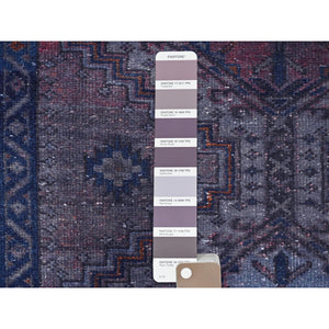 3'5"x11' Purple Overdyed, Bohemian Old Persian Hamadan with Geometric Medallions, Hand Knotted, Clean, Sheared Low, Pure Wool Wide Runner Oriental Rug FWR491328