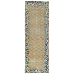 3'3"x9'9" Mocha Brown, Vintage Persian Serab with All Over Small Repetitive Boteh Design, Hand Knotted Pure Wool, Distressed, Clean Wide Runner Oriental Rug FWR491382